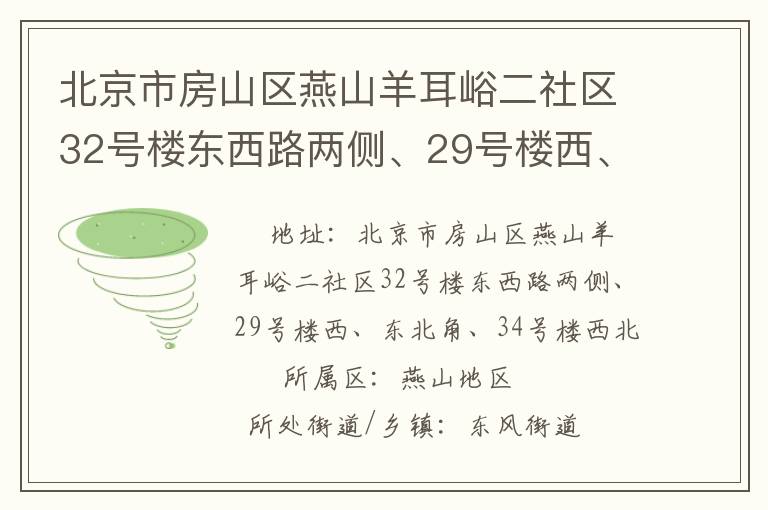 北京市房山區(qū)燕山羊耳峪二社區(qū)32號樓東西路兩側(cè)、29號樓西、東北角、34號樓西北
