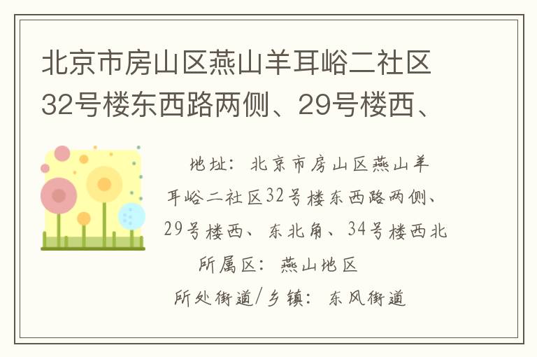 北京市房山區(qū)燕山羊耳峪二社區(qū)32號樓東西路兩側(cè)、29號樓西、東北角、34號樓西北