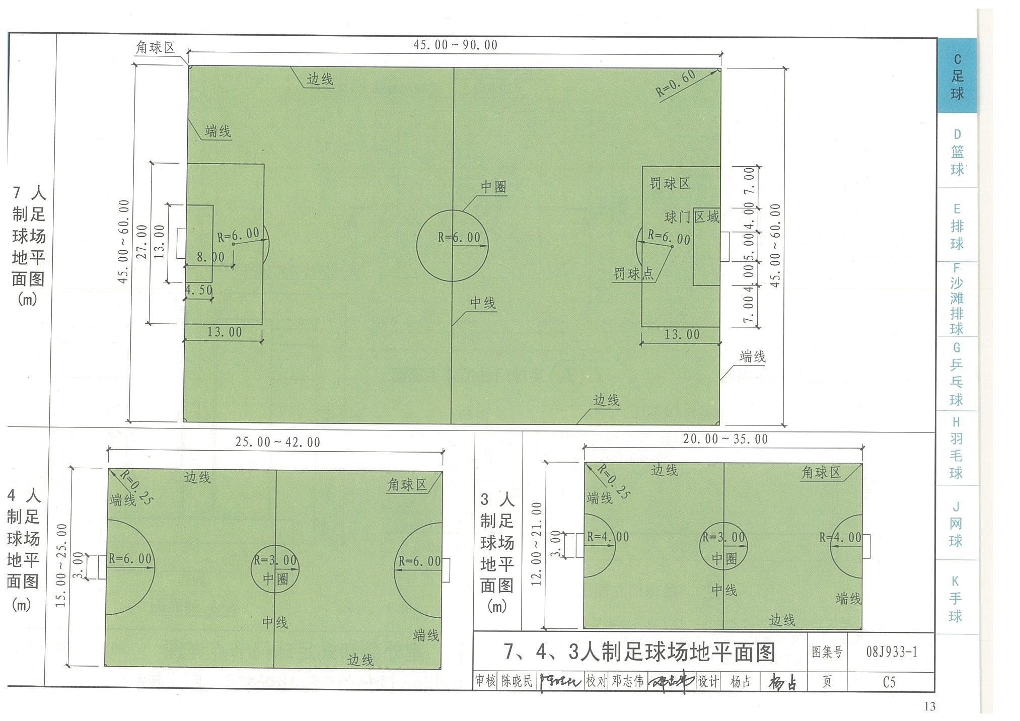 7、4、3人制足球場地平面圖-國家建筑標準設計圖集08J933-1