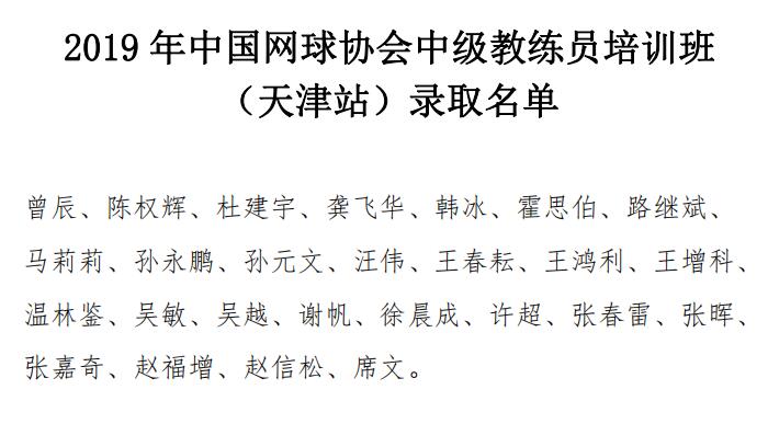 2019年中國網球協會中級教練員培訓班（天津站）錄取名單