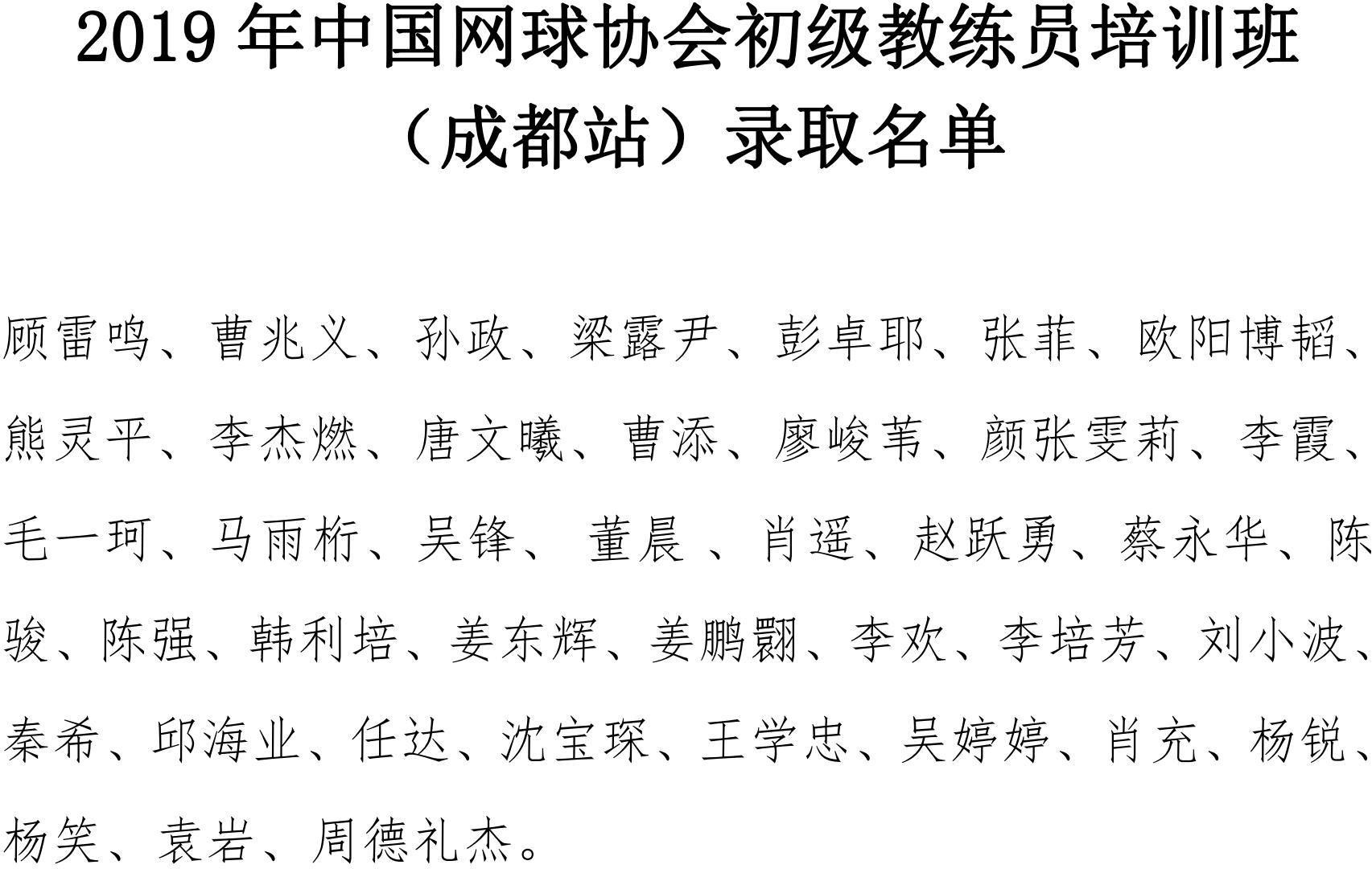 2019年中國網球協會初級教練員培訓班（成都站）錄取名單
