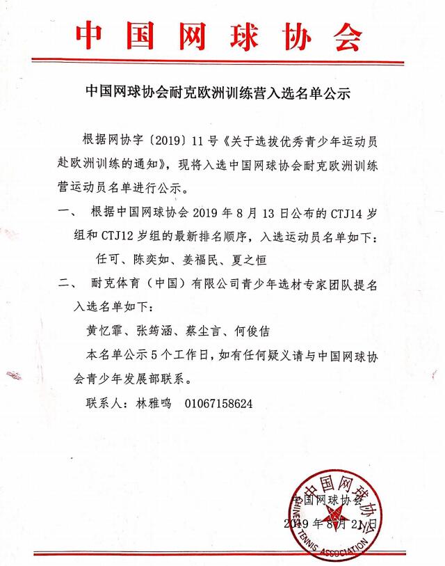中國網球協會耐克歐洲訓練營入選名單公示